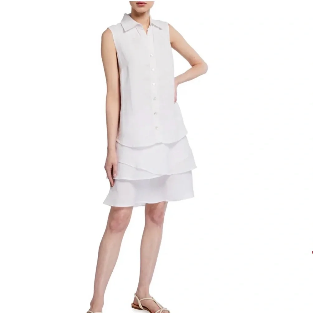 Finley Jasmine Sleeveless Tiered White Linen Dress Collared Button Front Size S - Picture 1 of 7